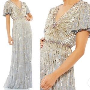 $598 NEW Mac Duggal beaded platinum gold silver classy dress gown 4 small NWT